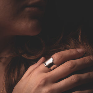 Eclipse Ring in Silver by What If You Stayed Jewelry on woman’s hand 