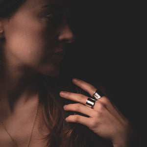 Eclipse Ring in Silver by What If You Stayed Jewelry on brunette woman’s hand 