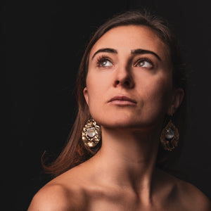 Sicilia Aura Earrings in Gold with Pearls by What If You Stayed Jewelry on brunette woman 