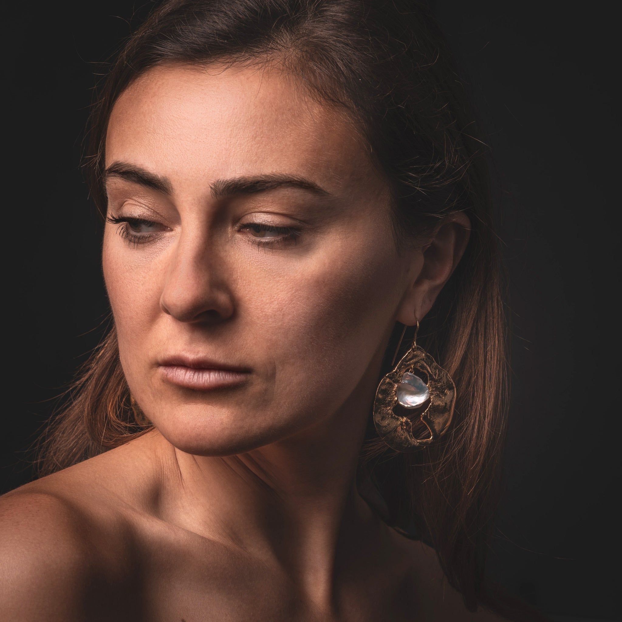 Sicilia Aura Earrings in Gold with Pearls by What If You Stayed Jewelry on woman brunette 